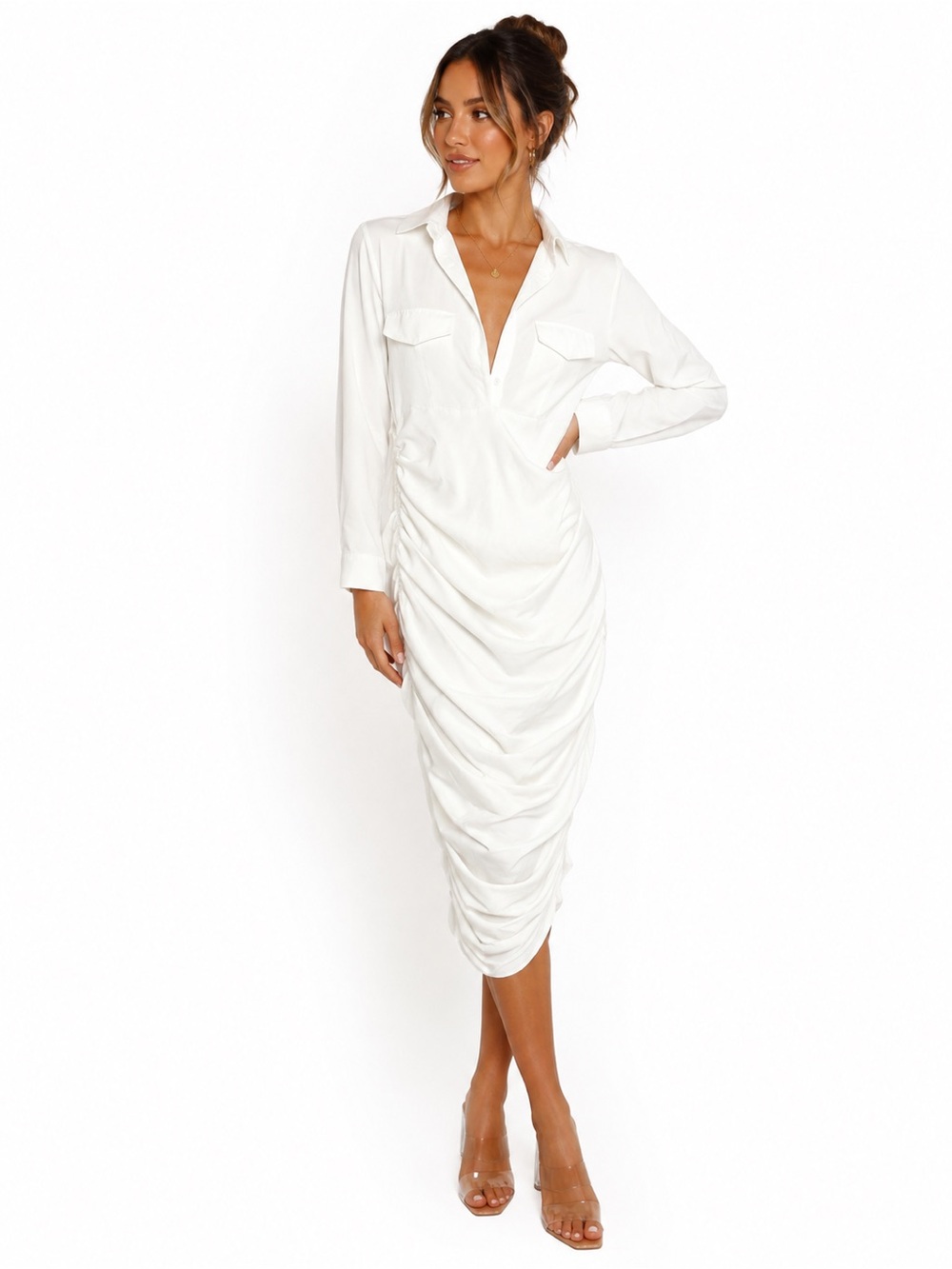 PrettyLittleThing White Ruched Shirt Dress – US 8